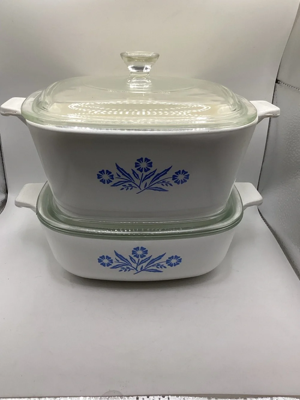 Corningware White Glass Casserole Set with Blue Cornflower Motif 1 qt & 1 3/4 qt